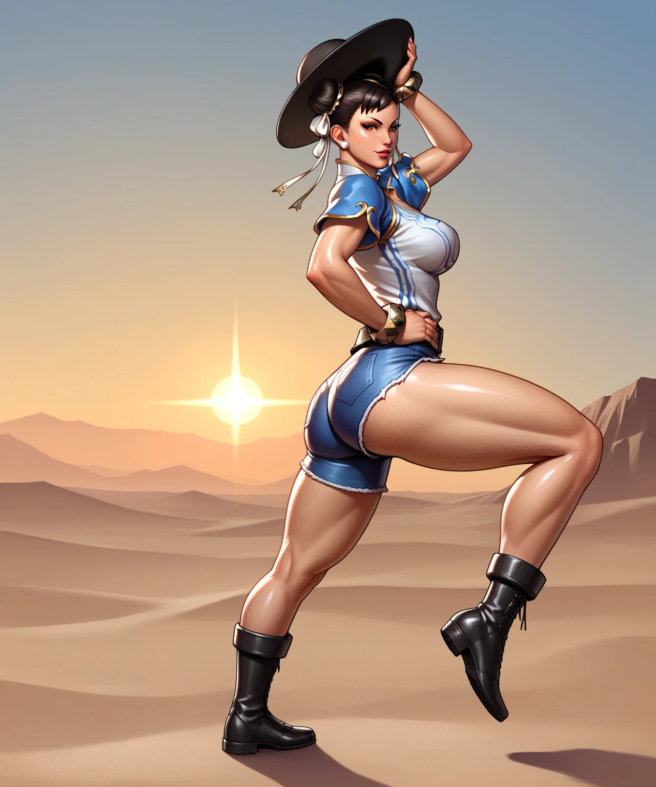 1girl, Chun-Li (from Street Fighter), cowgirl, western style returns, sombrero de cowgirl, Shirt tied in front, pronounced cleavage, tight jean shorts, leather boots, Belt with large buckle,  sharp curves, big , strong legs, muslos gruesos,  and shiny skin, pose , side pose with one hand on the hip, Seductive Look, desert floor, sunset, warm colors, anime-style, Ultra detailed, best quality, masterpiece, sharp focus, 8K