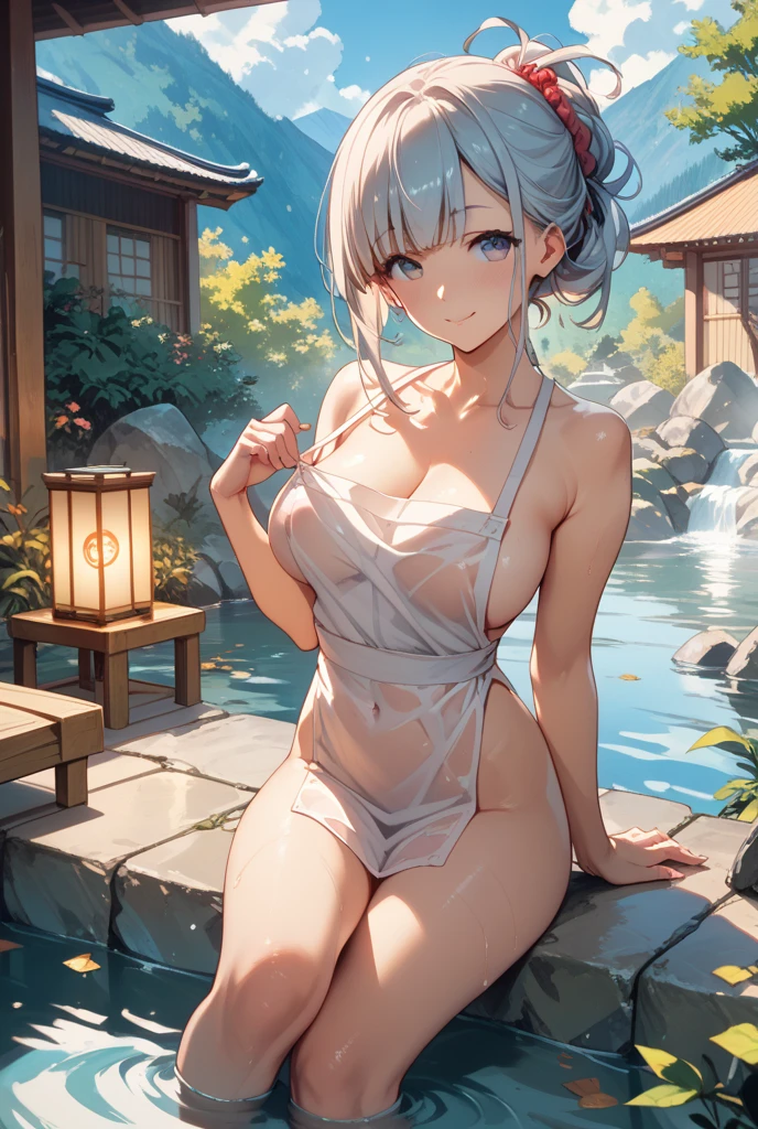 hight resolution, absurdres, best_Quality, Ultra_Detailled, 8K, extremely_clear, photo, beautiful, Beautiful face, Scharp Focus, HDR, 1girl, Clean eyes, very wide-eyed,old japanese town in the mountains in the background , Beautiful face, very red areola, standing , very seductive pose, very young, no bra, bare chest, , naked, No Top, NSFW, gray hair with ponytail, bare, no clothing,