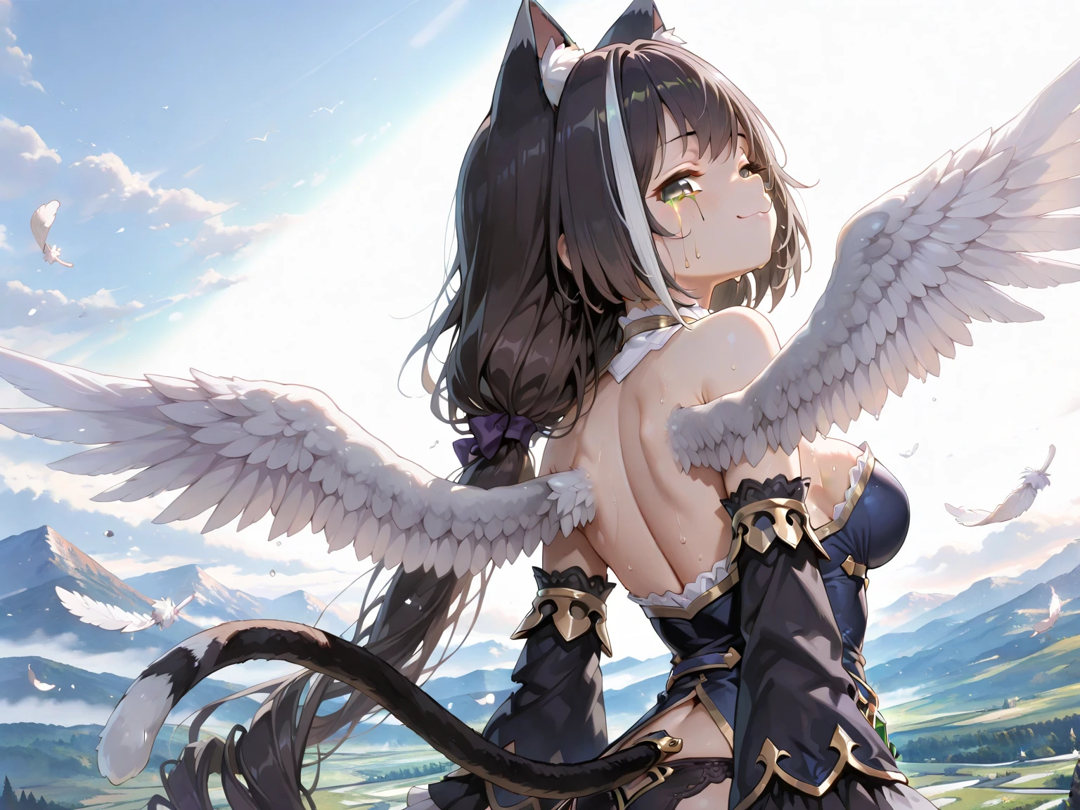 ((((Obra maestra, La mejor calidad, ultrahigh resolution)))), 1girl, standing,), ((long pure brown hair, hair over eye)), long hair cut, shiny skin, ((golden eyes)), glowing_eyes, neon eyes, (ultra detailed eyes:0.7, beautiful and detailed face, detailed eyes:0.9), ((centered)), smirk, facing viewer, ((vibrant background, dark lighting, summer, sunlight)), large chested, looking at viewer, ((half closed eyes)), ((perfect hands)), (((head:1, arms, hips in view, elbows, in view))), ((hands behind back)), empty eyes, beautiful lighting, ((outside, outdoors)), defined subject, head tilt, (((gritty)), ((creepy)), ((cool)), ((beautiful)), (((SFW))), hair ornament, petals in the air, moon in the sky, city, mature woman, adult woman, sfw, pink and white dress, night dress, she is a princess, dark skin, gal,
