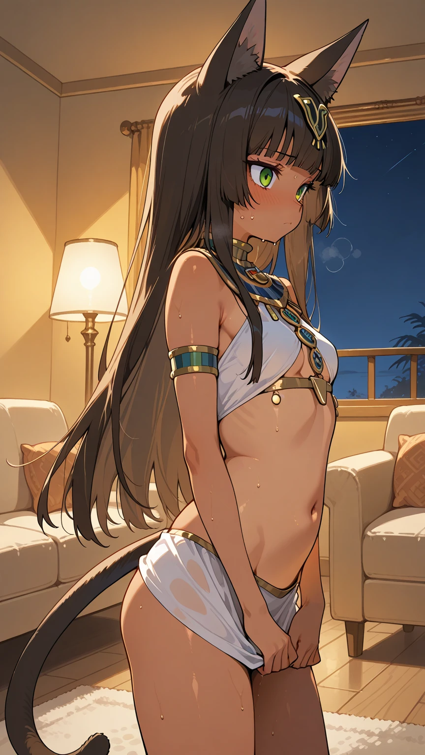 transparent gray dress, Graceful seduction pose, Captivating woman, Translucent dress, captivating and mesmerizing, With a captivating smile, A stunningly elegant pose, sexy gown, Clear curved detail, 4K Glamour Photo, Gorgeous Woman, Gorgeous figure, Very detailed、Cinema Lighting、Woman lying in bed、Lying on your back、((Dark skin:1.3))、Sunburn、Arabian Woman、Arabian Nights、Spread your legs、smile、A grand harem in a vast garden within an Arabian palace, 