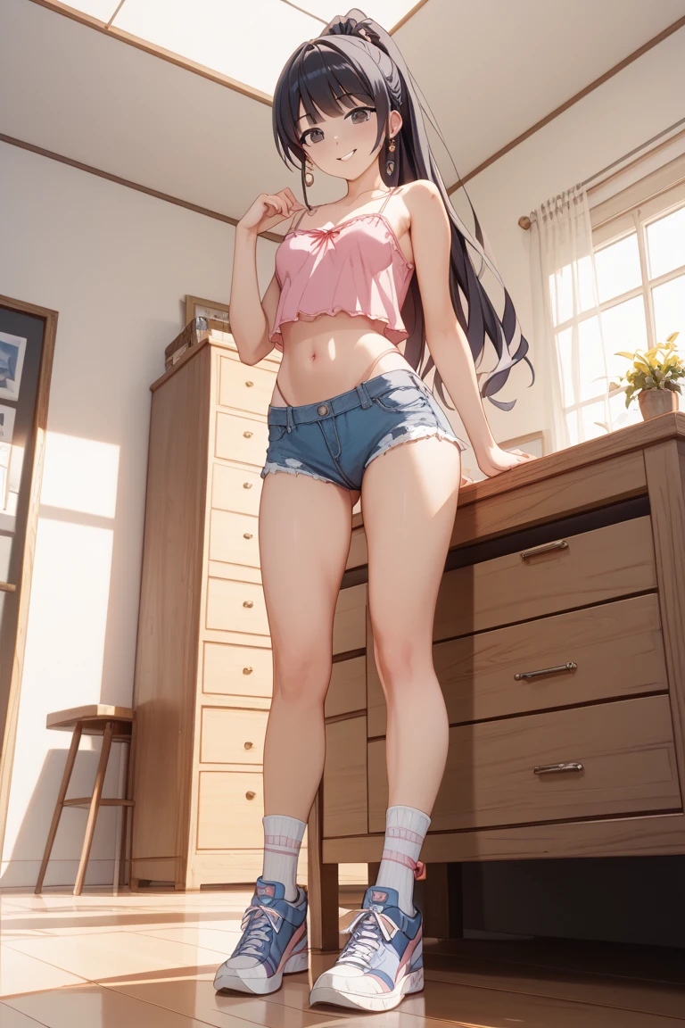 (In the living room)、1girl, (Younger sister kicking)、from the front、Angle from below、(Young face)、(Forehead)、Braid、Long Hair、((seductive grin)), ((high kicking)), 
panties, I have money in my hand、Camisole、Jersey shorts、(1boy), (((penis))), (((eject cum))), The boy collapses under his younger sister and ejaculates from his penis、(The boy had a fight with the younger sister and lost to her.)、In the background, my mother is in the kitchen.、younger sister「Weak... Aniki who lost to younger sister and got a hard dick lol... Pervert masochist lol」
