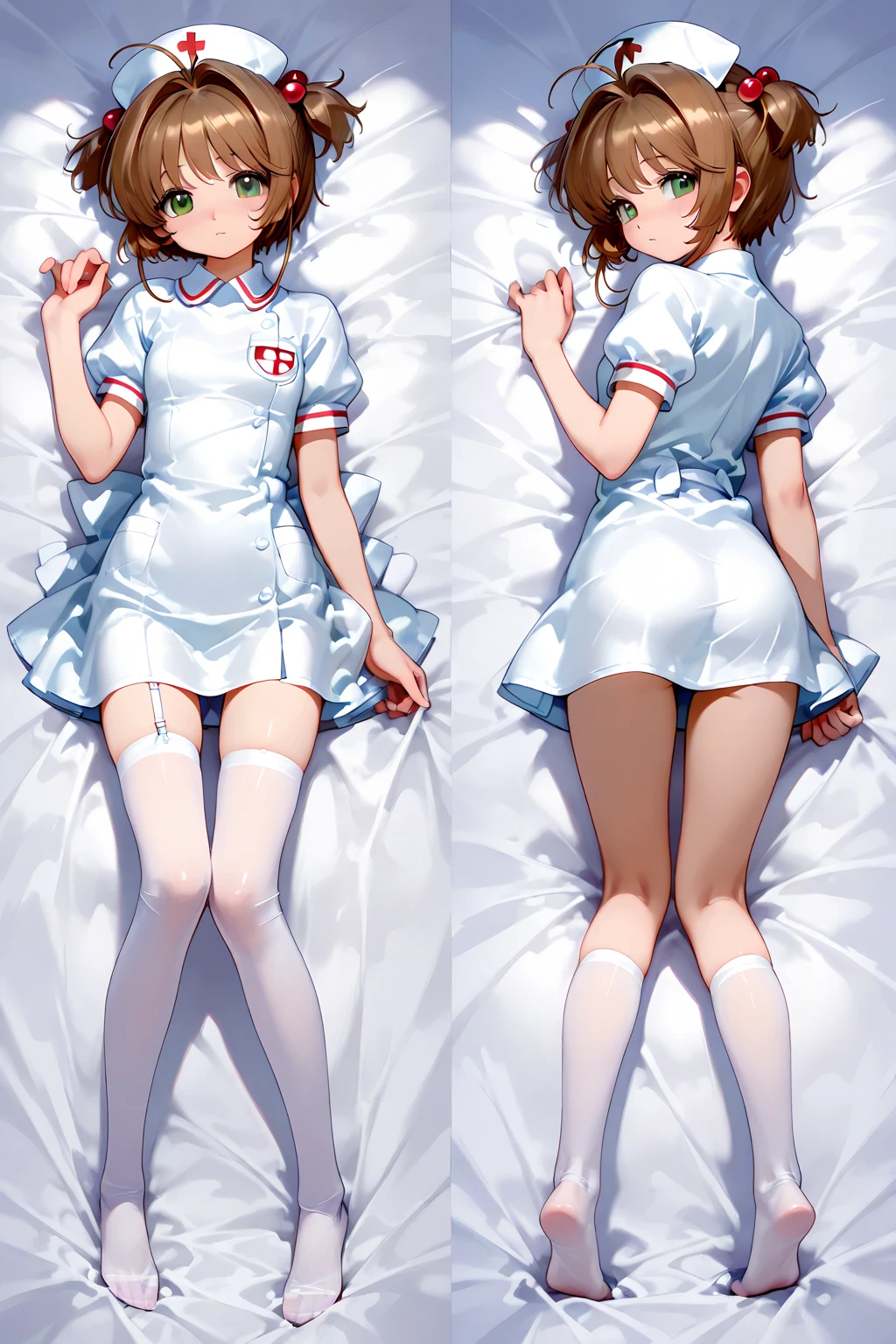(Blonde,bionde,Sunburn,bob hair,Gal,gal,gyaru),（(((((From the back、Obscene pose))))）、((Maximum number of pixels、Ultra-photorealistic image quality、Exquisite lighting、highest quality, 8k, masterpiece:1.3, Realistic:1.3)), {{Beautiful girl lying on the bed, From above, dakimakura}}, Japanese , Single woman, ((very light brown hair)), With bangs, (Japanese Uniform, socks),(((( Firm stomach))))、(((The skin is shining because of the oil applied to it.))),(Thick thighs), Highly detailed face and shimmering skin texture, Fine Eyes, (((Detailed depiction of the unique skin sheen of oily skin)))、Lip details, The brown hair is drawn very well., Facing the children, In the heat, Embarrassed look, Natural Makeup:1.0,Skirt Lift,(((Wearing plain light grey cotton side string full back panties without ribbon)))、 shirt, short sleeves, suspender skirt, neck ribbon,
