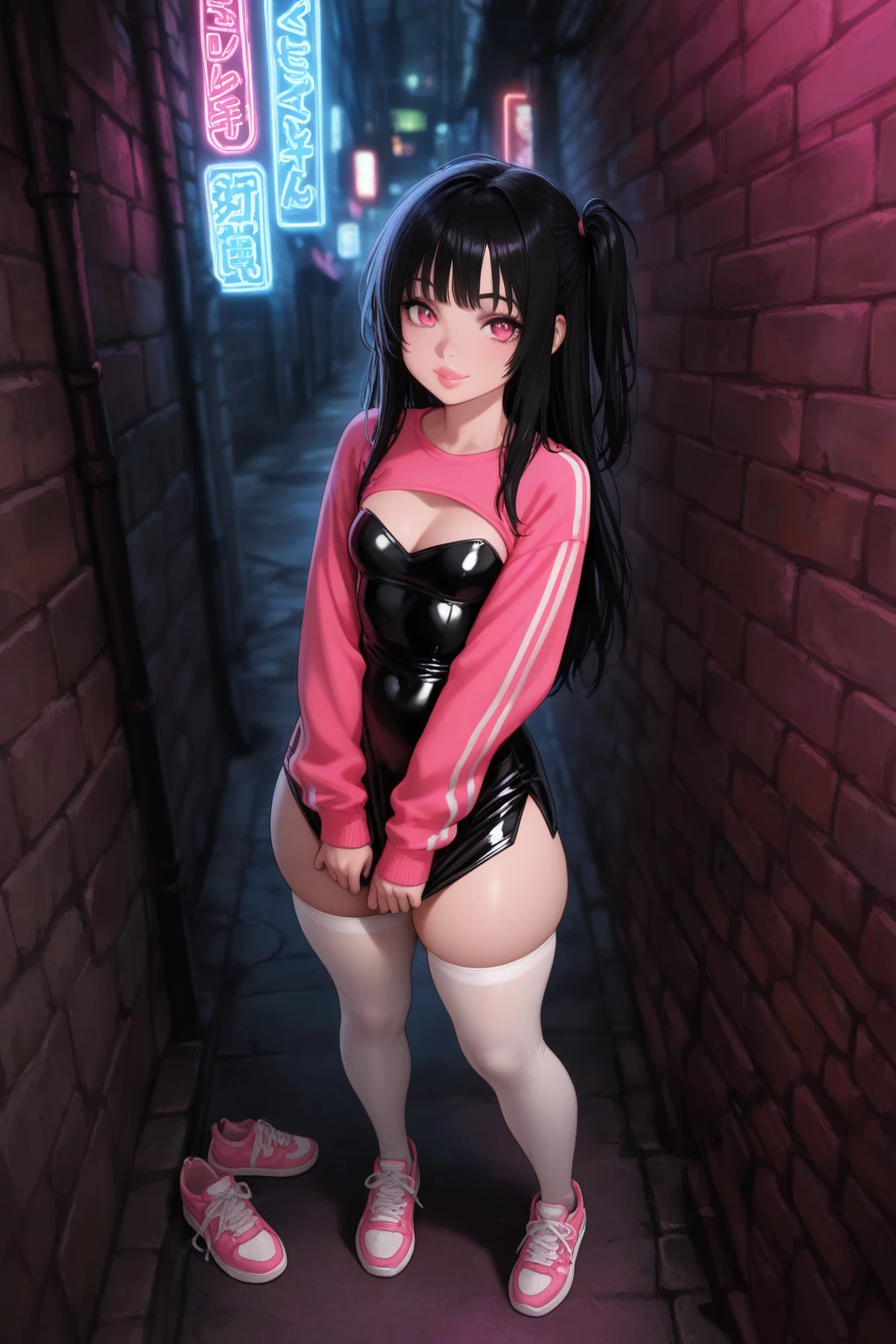 Lewd, cyberpunk, messy futuristic room, long black hair, blushing, naked under jacked, black jacket red accents, surprised look, messy ponytail, messy, annoyed look, [surprised], naked exept for jacket, underwear under jacket, surprised, shocked, full body, bandages, underwear under jacket