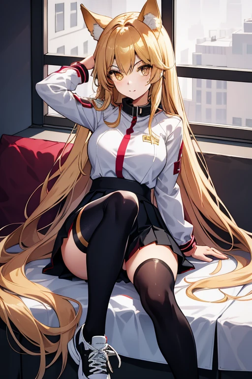 finest, masterpiece, High resolution, (Full body view from head to toe), front, frontやや下からの構図, Symmetrical, 18 year old girl, alone, (whole body from head to toe), small breasts, brown hair, slightly messy hair, long hair, bangs, (black tights), ( (black pantyhose), black pantyhose, Sitting in the bedroom, (M-shaped legs), show me your white panties, Slender legs, とても美しい18 year old girl, (not wearing shoes), blush, shy big eyes, messy hair, looking at camera, Blazer uniform appearance、Checkered pleated skirt