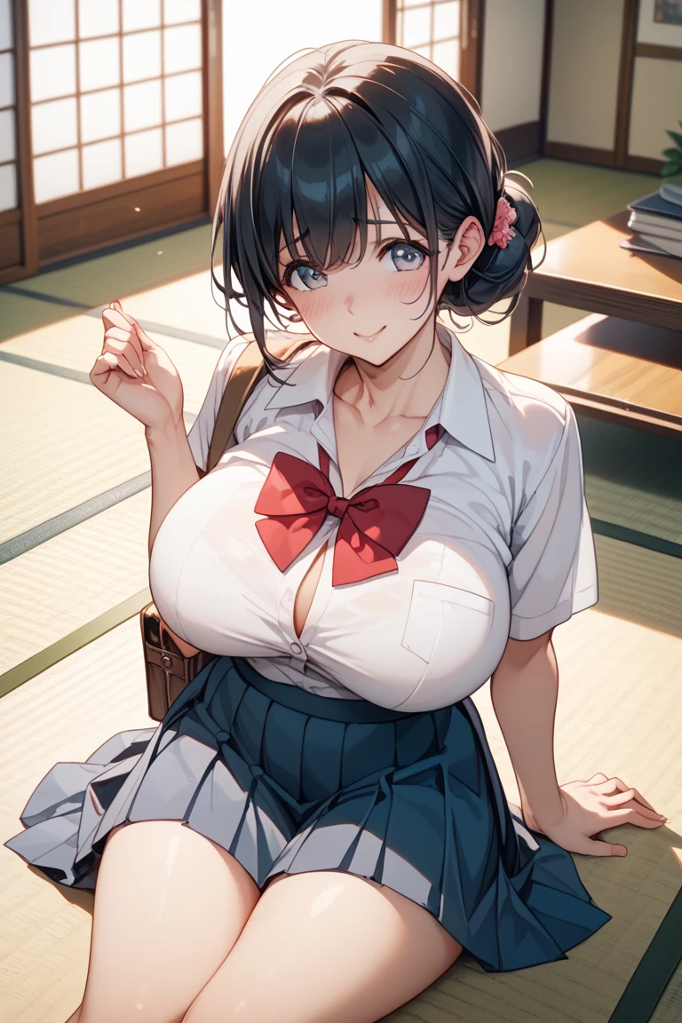 nsfw license,highest quality, masterpiece, one anime girl,Huge breasts full of milk, brown hair,medium short hair, droopy eyes,yellow eyes,a little young face, Easy birth body type,simple,A simple hairpin for your bangs, with red ribbon,navy pleated skirt,white blouse,Her breasts are so big that her blouse is stretched,The gap between the buttons on her blouse is visible,Her bra is visible through the gap between the buttons of her blouse,black knee socks,muffin top ,upward glance,shy smile,blush,Skirt flip(Detailed and cute panties),lying in bed,Several floating heart effects around the face