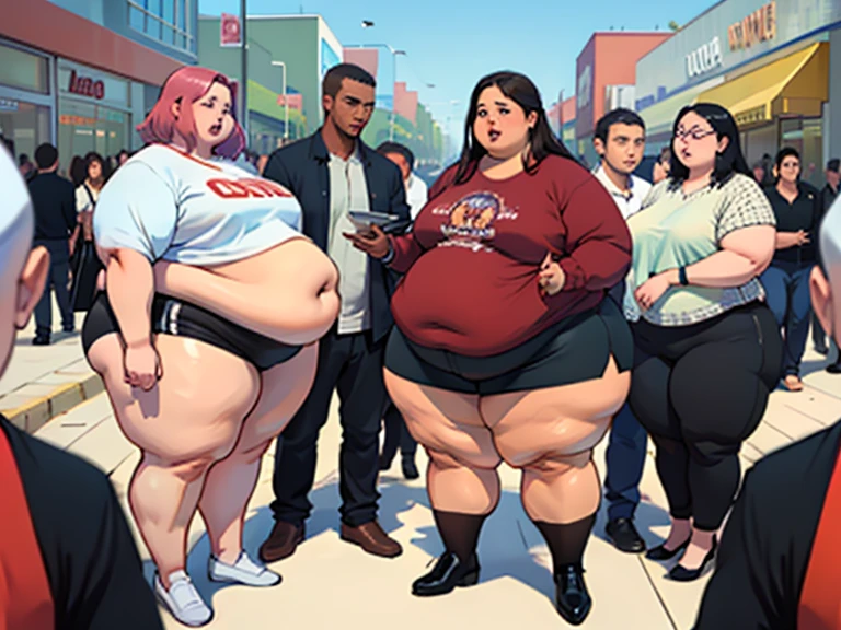 Create a photo of a 20 year old young woman, with a slender and curvy body, wearing jean shorts and a white t-shirt, with white and clear skin, with long brown hair, wearing a purple cap, wearing sunglasses and a white backpack and carrying a skateboard while having his shirt lifted by a woman, obese, dark black skinned, who wears glasses and a blue dress