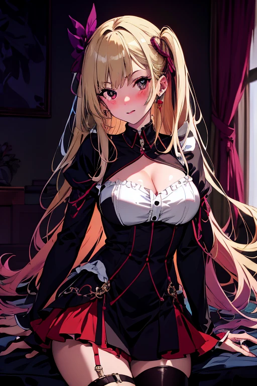 ((high detailed, best quality, 4k, masterpiece, hd:1.3)), ((best quality)), ((HD)), ((8k)), (ultraHD), log cabin, bonfire, Christmas Tree, X-Mas tree, Princess Peach with christmas gifts, BREAK blue eyes, seductive, attractive, smooth anime cg art, 36C breasts, long legs, vivid colors, detailed digital art, slim body, perfect skin, blonde hair over one eye, BREAK crown, cleavage, looking at viewer, BREAK looking at viewer, extremely detailed face, pink_santa_dress, pink_santa_claus_dress, santa claus dress, winter dress, earrings, gem, dark black makeup lips, dark gothic eyeshadows, dark eyeshadows, black eyeshadows, black sexy lips, black lips, (dark:1.2), dark lips, very dark lips, (perfect hands, perfect anatomy), black makeup, black lips, detailed fingers, five fingers per hand, 5 fingers, (1 girl), (solo:1.3), detailed lips, detailed black lips, black painted lips, gothic painted lips, (breast focus), (from above:1.1), (breasts out:1.3), (off shoulder:1.1),