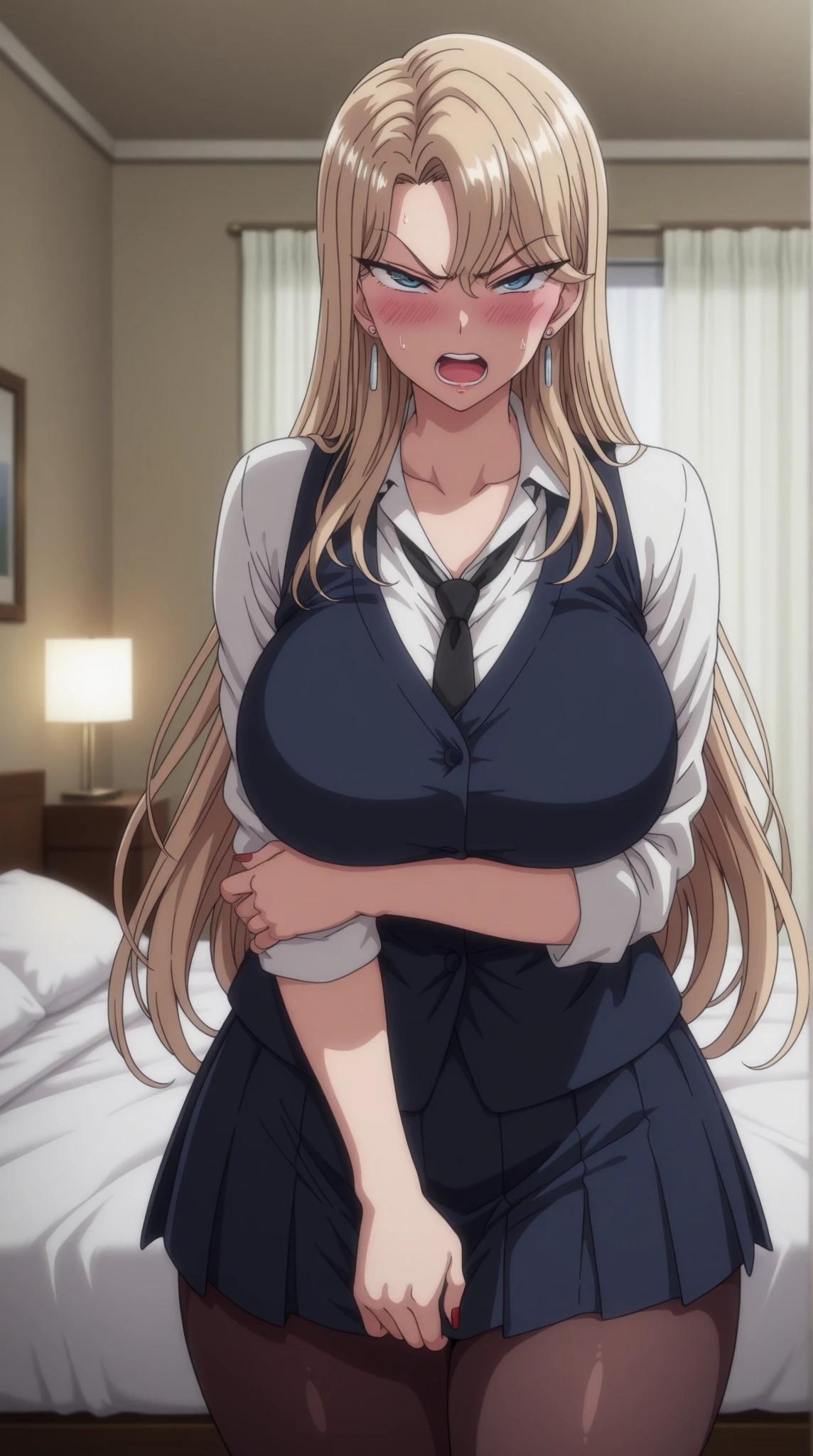score_9, score_8_Excellent, score_7_Excellent, Hello、he, Brown eyes, blonde, Multicolored Hair, Long Hair,Long sleeves Round neck ,Khaki T-shirt maxi ((tight)) dress、Are standing,Big Breasts、One Girl、One boy、The Faceless Man、A man hugs a woman from behind、((Grab your chest))