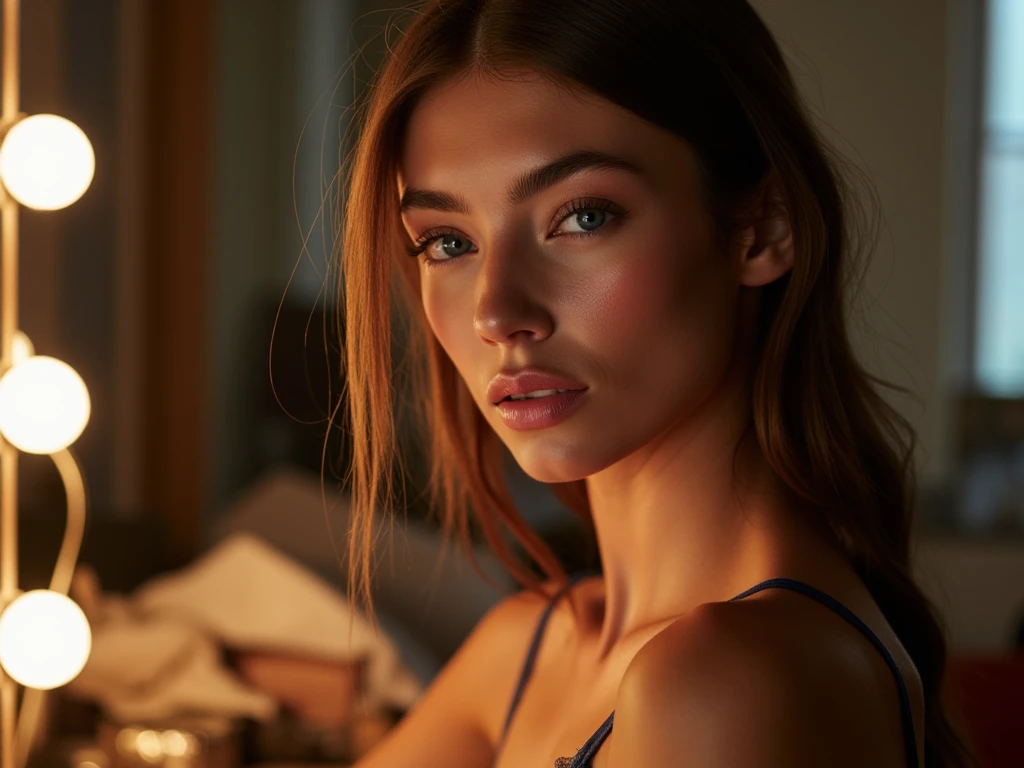arafed woman with matching tank top and panties, sexy girl with blue eyes, portrait sophie mudd, brown hair and large eyes, selfie of a young woman, bedroom eyes, violet myers, without makeup, natural makeup, looking directly at the camera, face with artgram, subtle makeup, stunning full body shot, cleavage, in her bed
