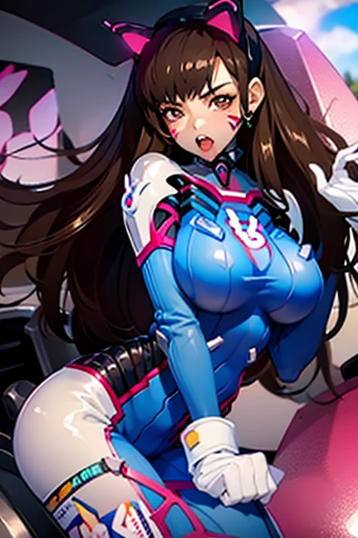 (D.va (Overwatch):0.8), girl cums out, 1 girl and 1 boy, girl put boy's penis into her pussy, girl having a sex with boy, nsfw, can see girl's bare breast and nipples, no underwear, no bra, no panties, beautiful detailed face, very large breasts, seductive look, best quality, ultra detailed, Long hair, whisker markings, torn tightsuit, Brown hair, face markings, Brown eyes, Earphone, White gloves, sweeping bangs, skin tight, facepaint, Pink lips, computers, dark room, Night, cyberpunk city background, (There's cum dripping from her body and face). Tongue is sticking out