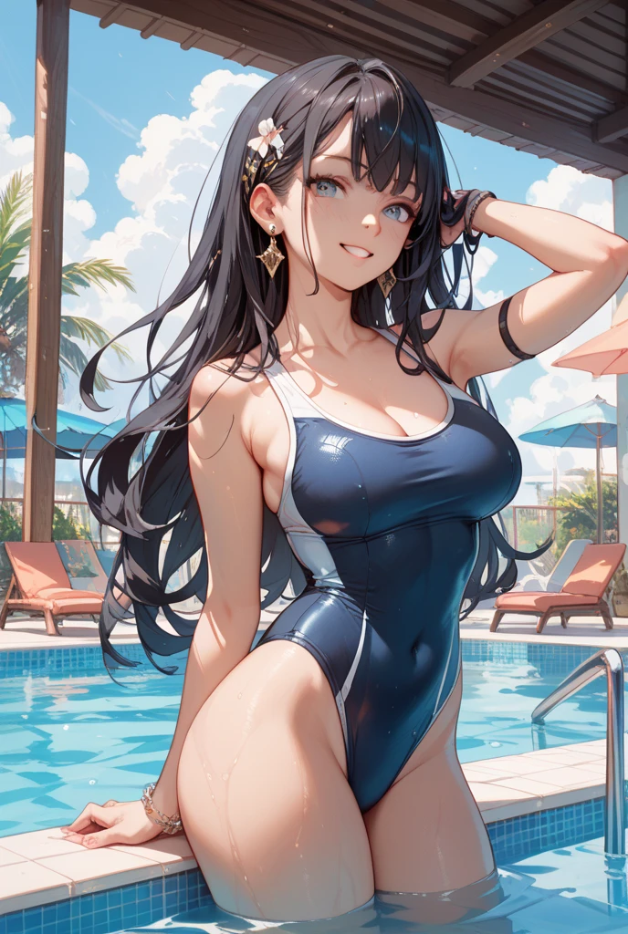 (Perfect hands, Perfect Anatomy:1.4), Satin Ruiko, alone,(Navy school swimsuit:1.5),(A neat figure,thin:1.4),(Hairstyle is a princess cut..:1.5),(Black Hair:1.4), blue eyes, (Black Hairの:1.4),(Black Hairの:1.4),Long Hair,(Straight long hair:1.4), hair ornaments, (1 white flower decoration:1.4),(tsurime:1.4),(Sitting),(Broke up_lips:1.4),(Hime cut:1.4),(Large Breasts:1.4),(Put your hands behind your head:1.2), (Wicked Smile:1.4),20-year-old,(Wet:1.2),Sit on, (View your viewers:1.3),(View from below:1.3), (Pool,Poolサイドで:1.4),(Dazzling sunlight,summer:1.4)、 break (Hime cut:1.4),(masterpiece:1.5),(Extremely accurate details,Ultra-high resolution:1.4),Highly detailed CG Unity 8k wallpaper,(Realistic,Photorealistic,超Realisticな:1.5),(curve,model,Glamour:1.5),Beautiful breasts,color_aberration,Beautiful detailed shadows,Beautiful Eyes,Beautiful body,Beautiful Skin,Beautiful Hands,(Aesthetic Anime Eyes:1.4),(figure:0.8), (Beautiful attention to detail:1.4), Highly detailed face, Perfect lighting, Highly detailed CG, (Perfect hands, Perfect Anatomy:1.4),