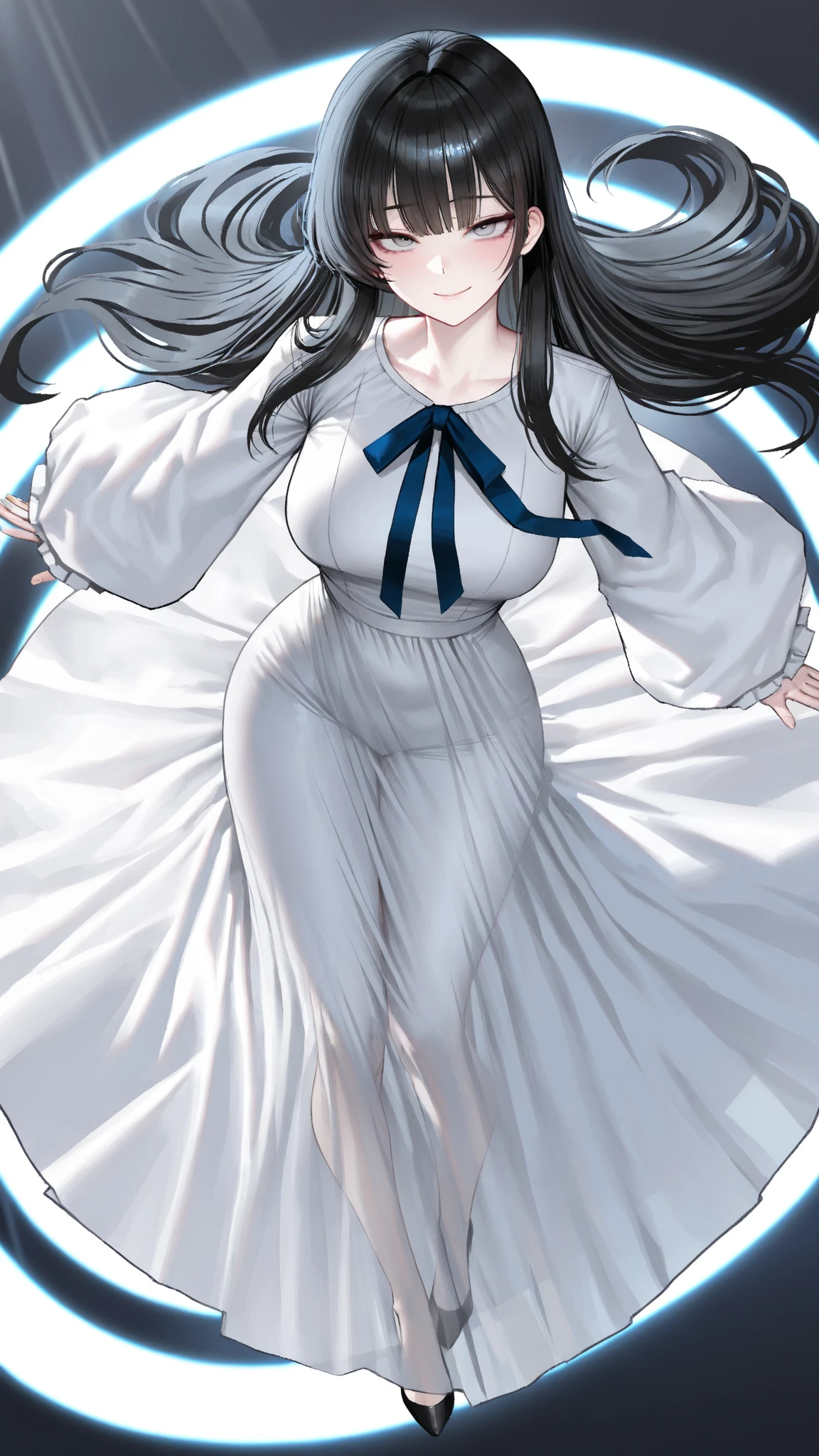 hasshaku-sama, tall female, pale skin, gigantic breasts, bursting breasts, sleeveless dress, (looming, perspective:1.3), buildings, from below, (gtscity:1.2), tall female, white dress, sleeveless dress, sun hat, white headwear, night sky, stars, looking at viewer, red eyes, <lora:Hasshakusama:0.6>, <lora:GTSv5:1>