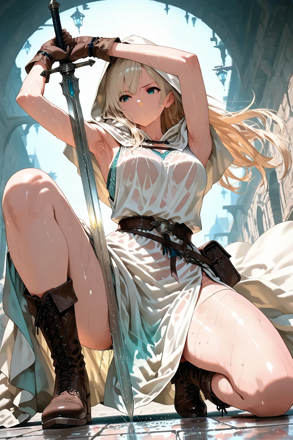 Florida? Cute woman, dressed in tattered rags wields a rusty old sword to fend off a horny big dick monster