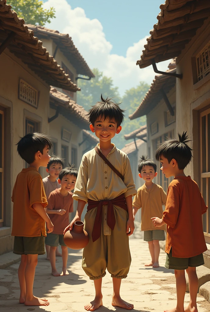A poor boy from Dai Viet went to the capital to take the exam., The villagers happily said goodbye.