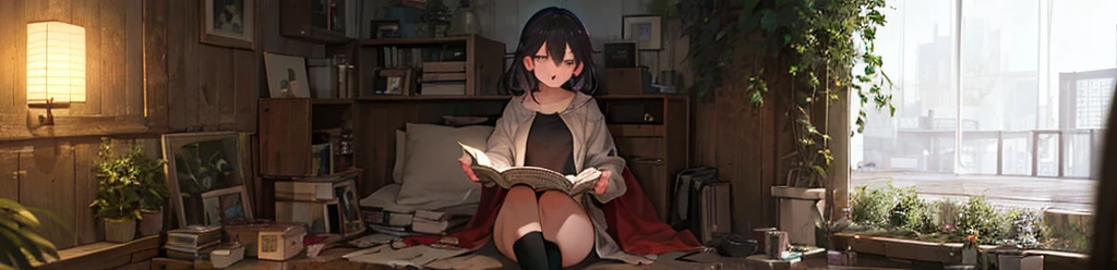 1 girl, smallbreast,russet hair , wearing a simple tiara , wearing an oversized black casual shirt that reaches his thighs,lying boldly on a sofa, reading a book .