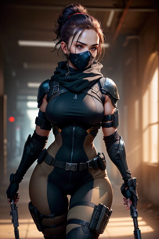 Cute toned shirtless female with tight tactical pants and a mask from the side