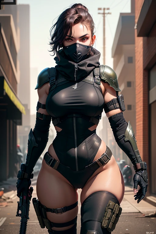 gwen tennyson,yorha 2b,android 18,dva,lara croft,overwatch,tomb raider,close up,mayan jungle ruins,tattoos,purple plugsuit,white short sleeve military leotard,sleeveless military hoodie,cargo leggings,military harness,short hair,punk makeup,green eyes,multicolored silver hair,military gloves,sexy smile,freckles,beautiful girl,thigh high military boots,large breasts,8k, ultra detailed,realistic,fantasy art,fighter stance,military uniform,hair pin,ear piercings,(weather:windy),1girl,military gear,wet shirt,