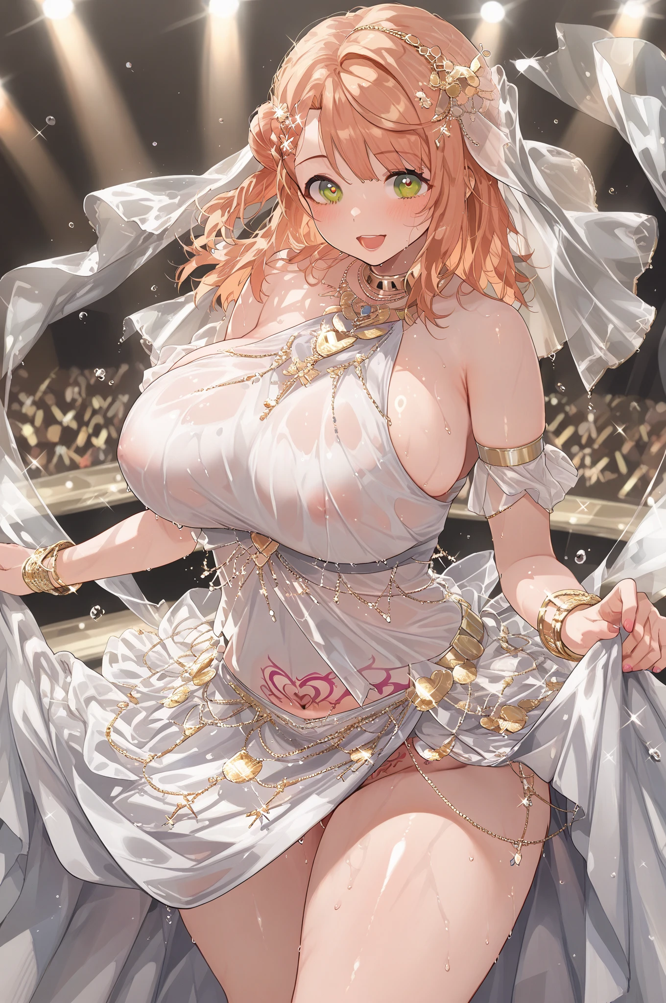 top quality，Maximum resolution，20-year-old woman，charm，Mature，having fun，in love，Light white wedding dress，Lilac cloth，see through transparent clothes，Exquisite clothing，A little lace，The only person，Blonde，Light blue eyes，night，Banquet hall