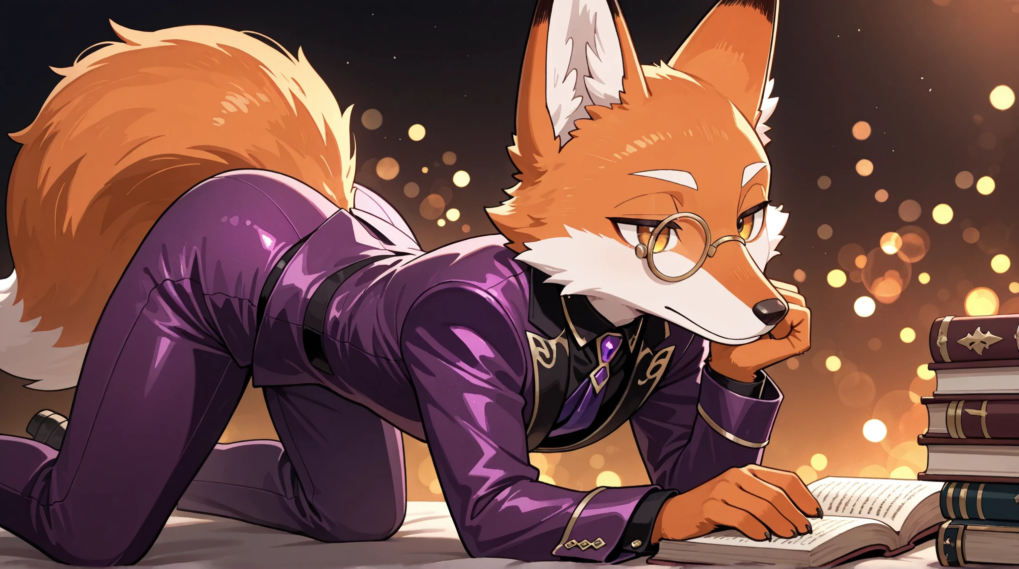 1guy, male Fox anthro, orange fur, opulent purple suit, ornate purple pants, book, monocle, sophisticated, wizards study, magical bokeh, chibi foxes, masterpiece, best quality, amazing quality, hyper-detailed, newest, very aesthetic