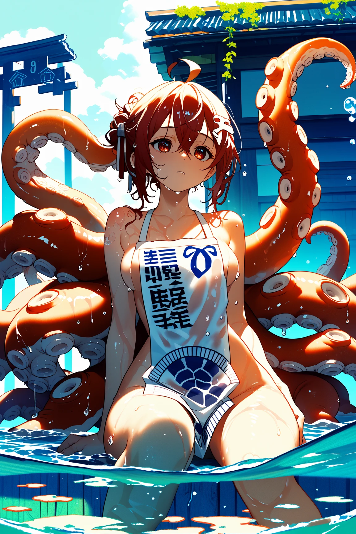 （（（ＳＦＷ、sound、Highest quality、first-clasasterpiece、Normal body、8K、Detailed face、Ultra-precision、Normal hand、Normal finger、５Finger、Highest）））、beautiful girl、Brown Hair、Bobcut、slender、low length、thin feet、Arles Naja、Puyo Puyo、Sorcerer、Blue short-sleeved shirt、White tank top、Blue shirt with tank top、Blue mini skirt、Shoulder rest、breastplate、blush、cave、Being attacked by a tentacle monster、Defeated by the monster、Caught by tentacles、Clothes torn apart by tentacles、Tank top ripped by tentacles、Shirt ripped by tentacles、Skirt ripped by tentacles、Skirt flipped up、Skirt disheveled、You can see the pure white pants、He is surprised that his clothes are being torn apart by the tentacles.、Exposed skin、Being attacked by tentacles、Entangled in tentacles、With arms outstretched、Tentacles wrap around hands、His arms are restrained by tentacles、Leg spread、Tentacles spread my legs、Tentacles stretch out to the crotch、tentacles entangled in the chest、Tentacles bring pleasure、Tentacles caressing、Tentacles in the mouth、Open your mouth、Drooling、Drowning in pleasure、Melted face、Feels good、Infatuated、The eyes are heart shaped