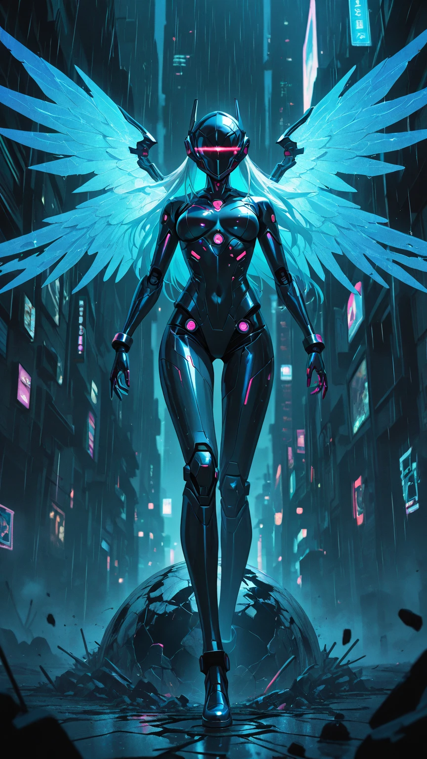 top quality, future world, State-of-the-art robot, Beautiful Woman, flying hair, Transformed into a cyborg except for the face, sexy images, whole body photo, ((Angel, feather wing))