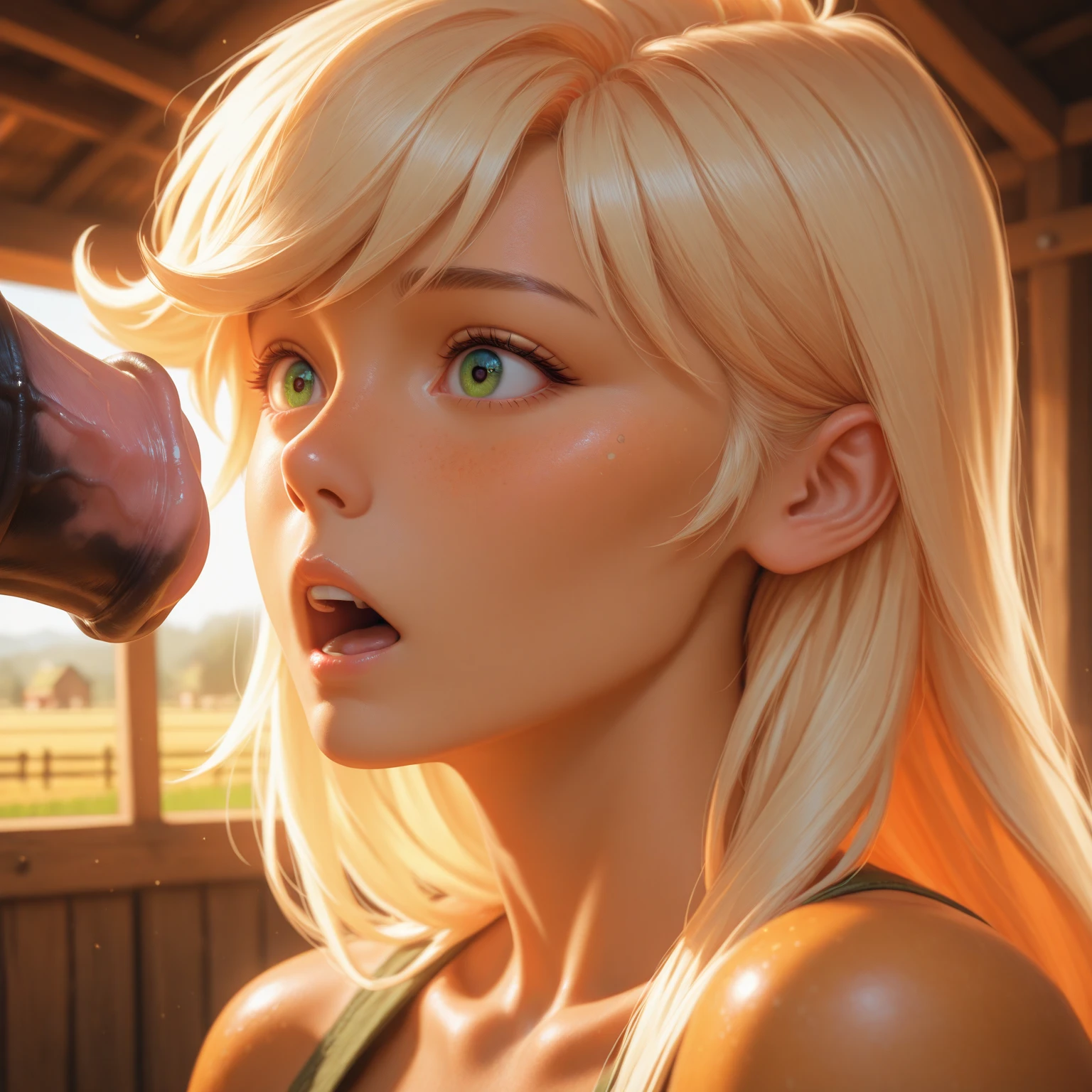(masterpiece, best quality:1.4), (8K), Young blonde beauty, (((licking a man's penis, 18 years old, neat girl))) (POV) ((perfect penis)), detailed blue eyes, long eyelashes, blush, kind smile, horny, upper body, topless, small ass, slender thin legs, vagina, (looking at viewer), beautiful short blonde hair, white-skinned, straight bangs, pigtails, (small breasts), (mushroom forest, celestial forest, beautiful and magnificent pink sunshine, majestic sky), natural light)