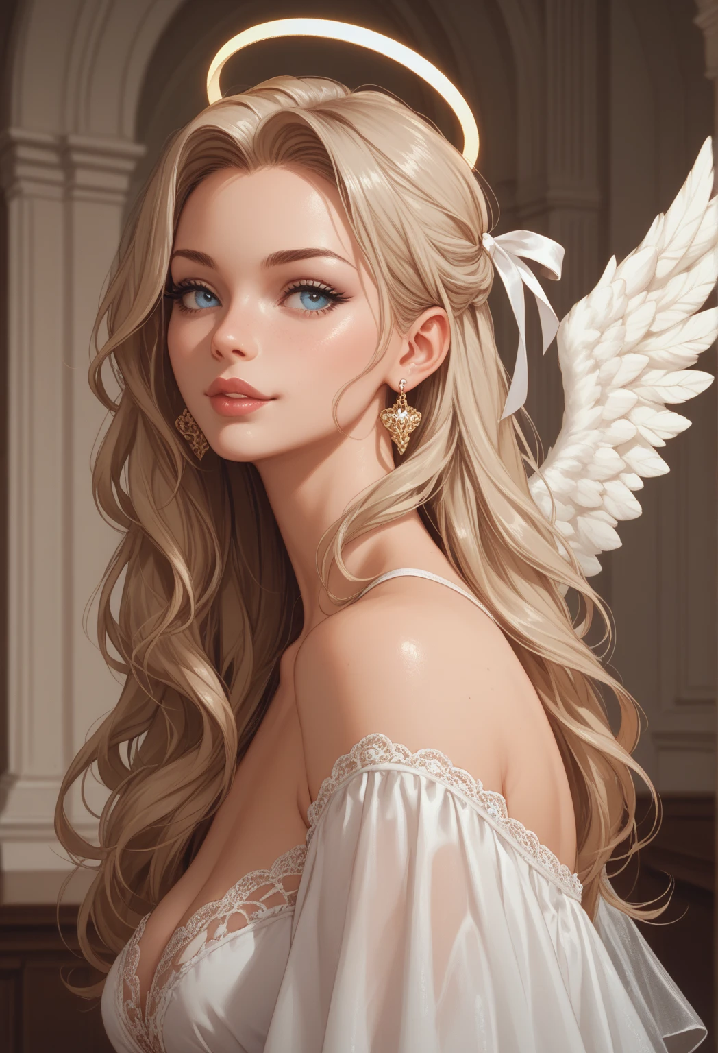 1 woman, alone, mature woman, curly blonde hair, long hair, blonde wings, wearing a dress (with makeup), portrait, (smiling), focus on face