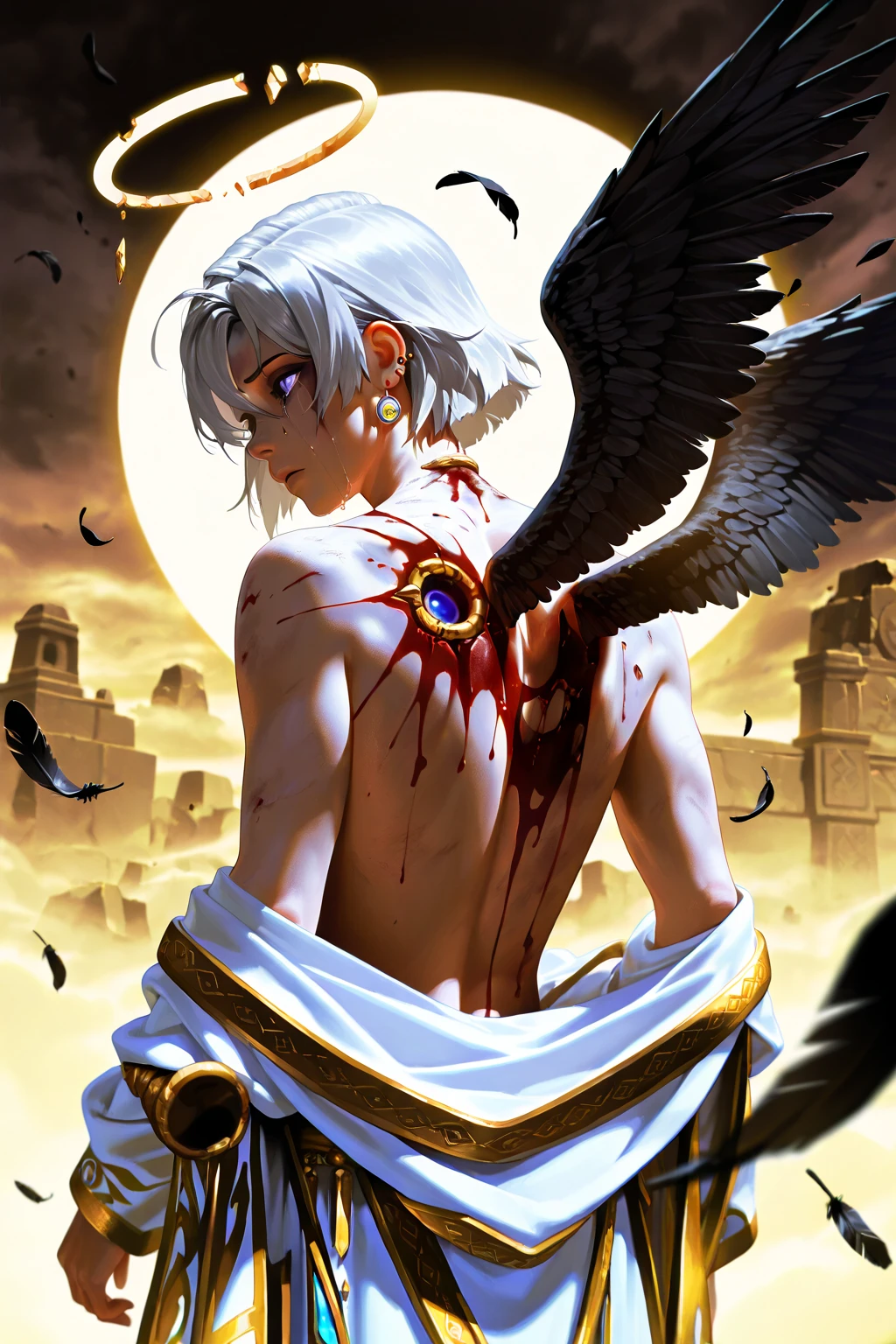 Male angel with black wings and a scary smile crying blood