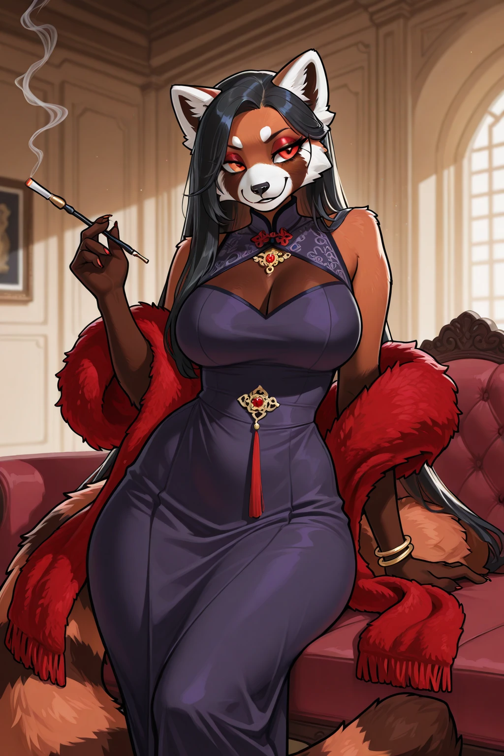 Anthropomorphic fox, man, thin, slim, green eyes, long smooth hair, black hair styled in a Chinese bun, dressed in Chinese dress, china dress, half stripped, sitting on the bed, seductive pose, spread my legs, lace panties, silk panties, bulge on panties, takes off the dress