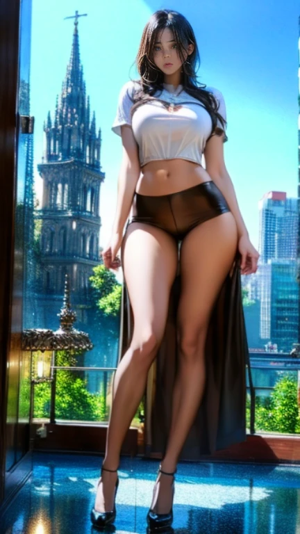 (full body:1.4), photo of a young girl, (solo focus:1.4), (look at viewer), hair_between_eyes,
(huge breast:1.24), (thin waist:1.25), (thick thighs:1.24),
High-neck lace dress, (tan stocking), (highheels:1.3),  
(back view, model-pose \(photo_shoot\):1.4),
(Lake Lucerne (Switzerland),:1.2), 
(masterpiece,best quality, detailed, realistic:1.4)  <lora:TanRealStockings:1>