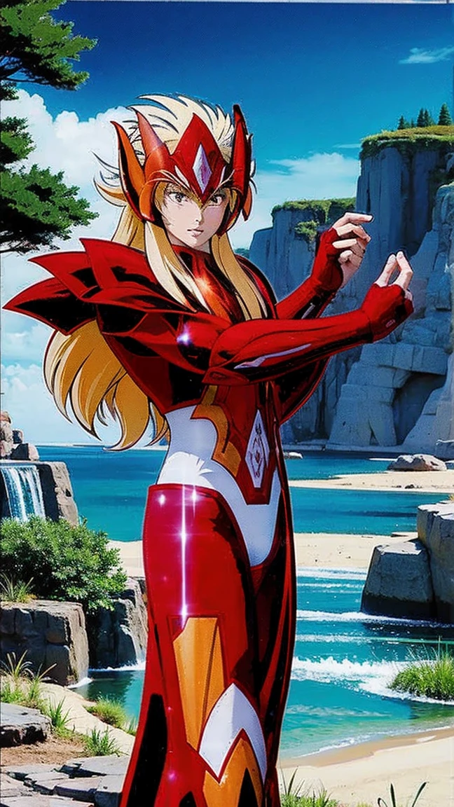 ((Show your armpits)),Lake 4, 1 girl, put your hand on your stomach, (masterpiece, strapless, (very thin shoulders), 4k, highest quality, anime style: 1.9, Happy, adult woman, (super detailed head), (cloud background, white skin), Draw a line, High resolution, Lake 4), 1 girl, alone, Curvaceous, long hair, clavicle, Scapula, (detailed wide hair bangs, hair ornaments, fine reddish pink hair, shiny stripes, slim arms, fine golden emblem), cleavage, big hand, (hair cover shoulder). (big blue eyes, shining eyes), ((female wrestler, (Because I&#39;m slender), little biceps, slim arms, closed fist, thighs)), ((perfect proportions, medium breasts, long belly)), (((very tight leotard, crimson strapless leotard, Red Armband, Neckband))), smile, (Are standing, hot color), finger details, (bare shoulders) 