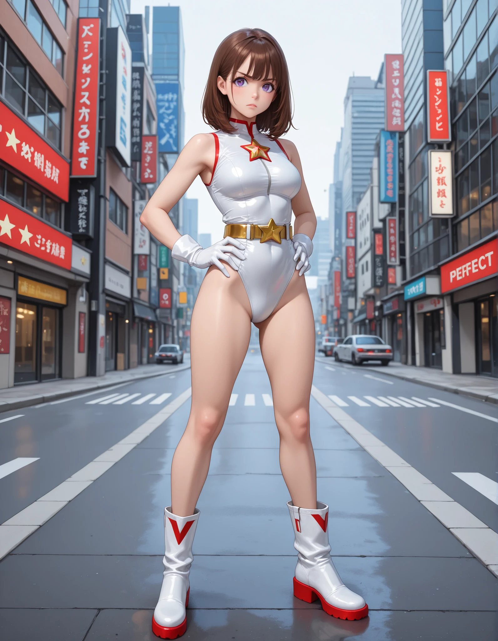 Highest image quality,8K beautiful detailed 1 young girl,(bright red hair:1.5),short bob,red eyes, (Ultra Girl :1.0), (silver and red ultraman bodysuit:1.4),big breasts,(Put your hands on your hips:1.2),(fist:1.2),In town,large number of buildings