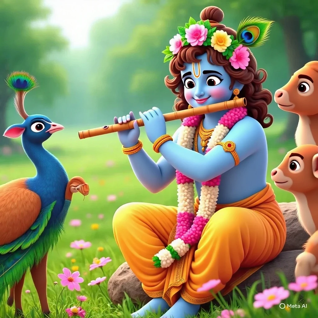  little  Krishna sitting under a tree playing flute, a lot of cow calves, peacocks,Birds and children friend sit  around little Krishna.