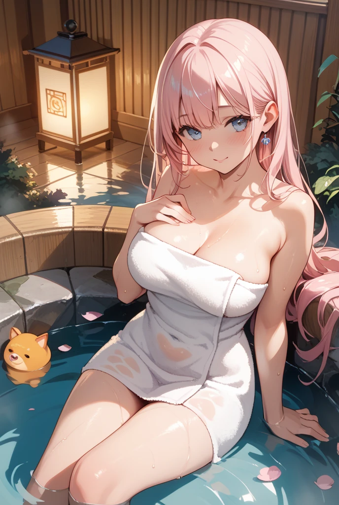 (Highly detailed CG Unity 8k wallpaper), (Best Quality), (Super Detail), (Best Illustration), (Best Shadow), POV, Realistic lighting and shading, Natural light, Lens flare effect, BREAK, 1 beautiful girl, Solo,(Cute:1.5),(Chibi:0.8), (kawaii:1.5),(Lori:0.5), BREAK, ( (17 years old girl), Very detailed, colourfull, highest details, BREAK, (Huge breasts: 1. 2,), Clear skin, Beautiful skin, Shy skin, 1 beautiful girl, ((girl, Cute, Graceful, Loli face)) ,(medium breasts),(Orange Eyes:1.2),(A pink-haired,short twintails,tareme:1.2), gleaming skin,Stuffed rabbit, BREAK,Black Bunny Years Hair Band, Solo, gleaming skin, BREAK, (Wrap your body in a bath towel:1.2), (She has her hair tied in a bun.:1.0), (Barefoot with colorful nails:1.0), (barechested:1.2), (pink scrunchie:1.0), (Earrings in the shape of a rabbit:1.1), (Lace headband:1.0), (Cute Accessories:1.3), (is standing:1.1)