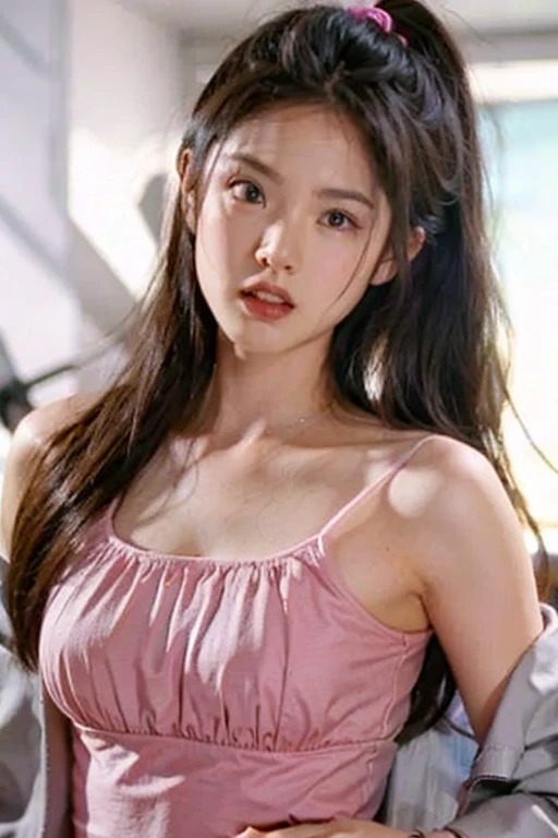 masterpiece, absurdres, 1girl, solo,mature female, off-shoulder strap bra, high waist short skirt, looking at viewer, perfect composition, detailed lips, small breast, beautiful face, body propotion, blush, (pink lips), long hair,  purple eyes,  soft gaze,  super realistic, detailed, photoshoot, realistic face and body,
