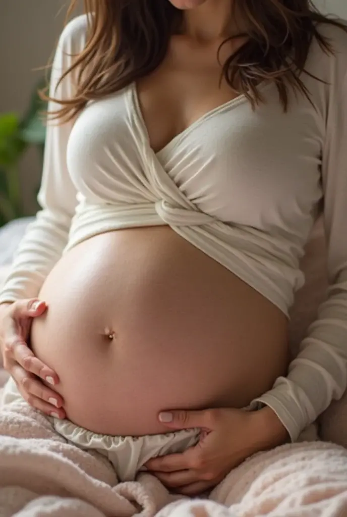 (1 girl:1.0), pregnant american girl wearing a school girl uniform, sitting on a couch in a white room, photo taken from the side, (perfect belly), 19 years old, (hyper realistic), 4k resolution, (perfect belly), perfect legs, perfect arms