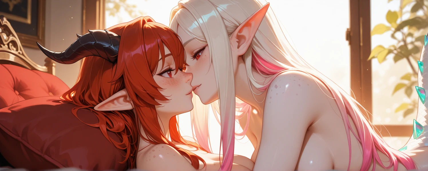 Furry, Anthro, Female, Naked, small breasts, thin body, young, dragon, medium messy hair, Slave, Slave Collar, super detail, masterpiece, super detail, high quality, high resolution, high detail, messy, purple eyes, legs spread open, blushing face, mouth open , rubbing girls vagina , holding partner, kissing, grinding, fantasy surreal , having lesbian sex, at dusk