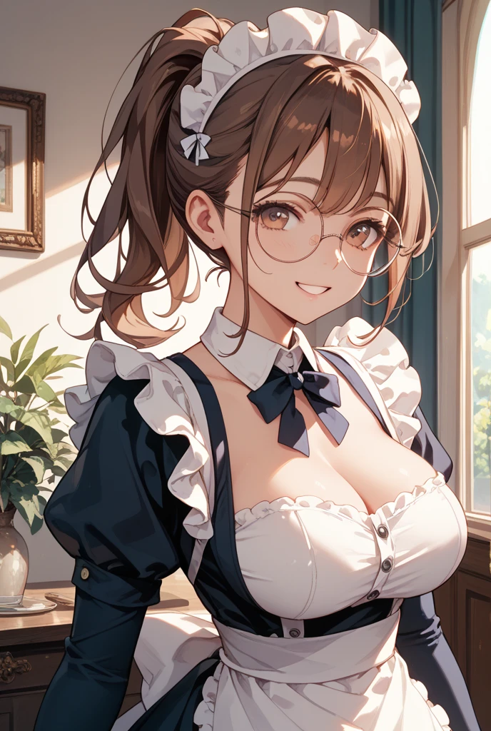 (masterpiece), best quality, expressive eyes, perfect face,(fox girl, Fox ears, fox tail),dark red hair, cleavage,big breasts,(Victorian maid outfit:1.3),tray serving drinks,glasses,semi-rimmed,crystal pendant,bracelet,smiles,cafe,studio lighting,soft shadows