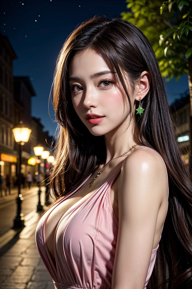 (best quality,8k,masterpiece:1.3),clear focus:1.2,beauty:1.4,abs:1.1,brown hair,aqua dress:1.4,outdoor night:1.1,street,fine detailed face and eyes,double eyelids,realistic lighting added,please adjust the proportions.