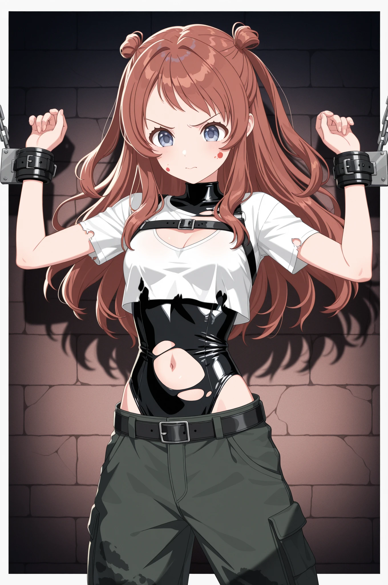 score_9, score_8_up, score_7_up, score_6_up, score_5_up, score_4_up, source_anime, 1girl, worth, red hair, ponytail, blue eyes, shackles, arms, w-w-chains, loose hair, sweaty shirt, shorts, black , dungeon, best quality, best res, 4K UHD,