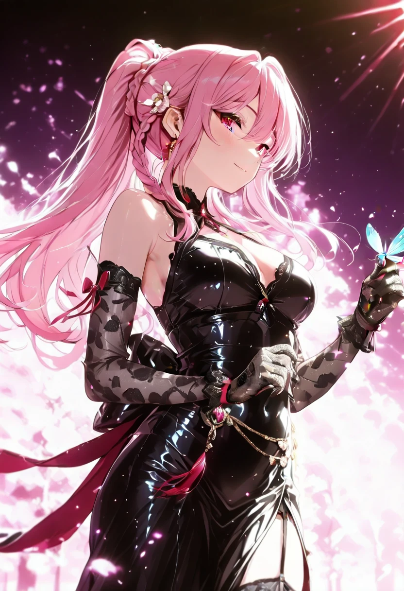 (masterpiece, top quality, very aesthetic, 4k、illustration), intricate detail, 1woman,solo,contrapposto 、Strong glowing eyes、,(cowboy shot)、、(),beautiful face、、、double bun、(fluorescence pink gradient hair)、、multicolored hair,hair ribbon,middle hair,sidelock ,レッド　eyes、china　 clothes、Warrior、small breasts、Slim 、