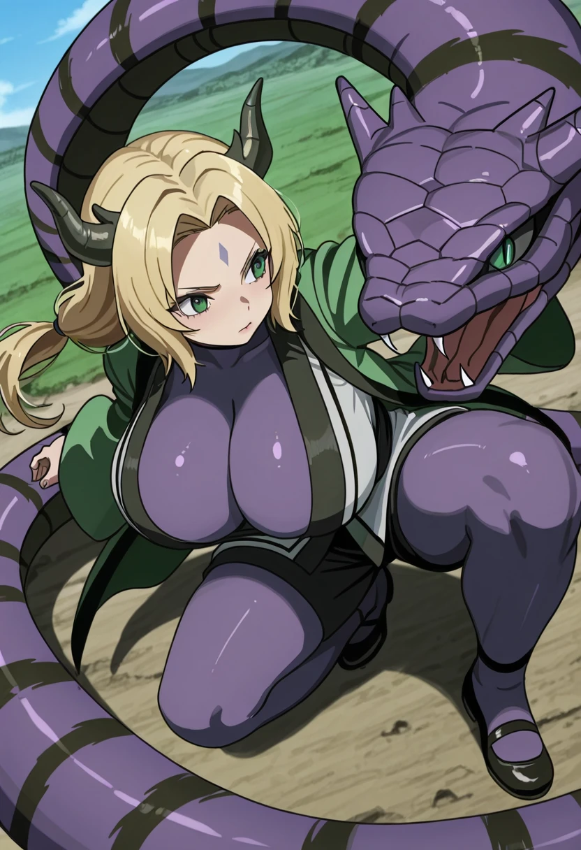 masterpiece, best quality, illustration, highly detailed, Ino Yamanaka, length hair, blonde hair, floating hair, medium breasts, breasts out, beautiful detailed eyes, cleavage, snake, (coiled), restrained, scared face, crying 