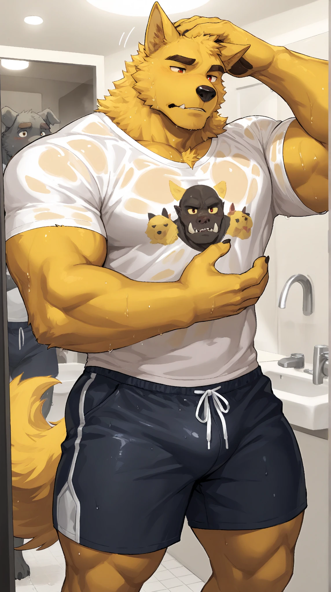 Alex the Lion, muscular body, big biceps, extremely beautiful and cute face, perfectly detailed blue eyes with perfectly detailed pupils, wears blue sweatshirt, salad colour cargo shorts, bare feet, elevator background, selfie, friendly look, smile, holding his huge dick in one hand and masturbate, cumshot, much cum around, cum on feet, blushes