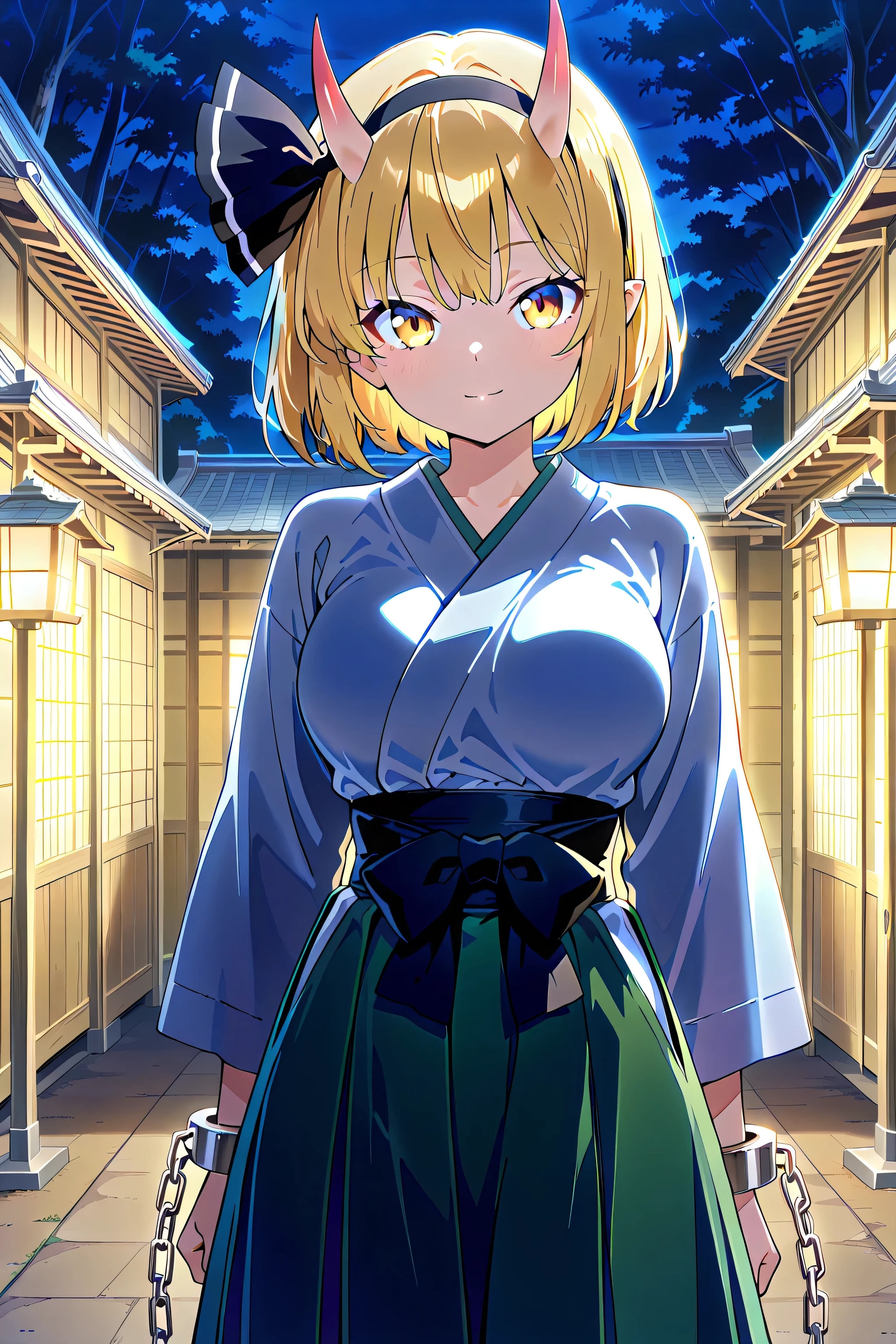 absurdres, highres, masterpiece, best quality, amazing quality, official anime artwork, screencap, anime screencap, outdoors, looking at viewer, light smile,
east asian architecture, former capital, gensokyo, underground, dark, light particles, lantern,
Youmu Konpaku, 1girl, solo, blonde orange hair, yellow eyes, short hair, three horns, pointy ears, oni horns, large breasts,, shackles, white kimono, skirt,