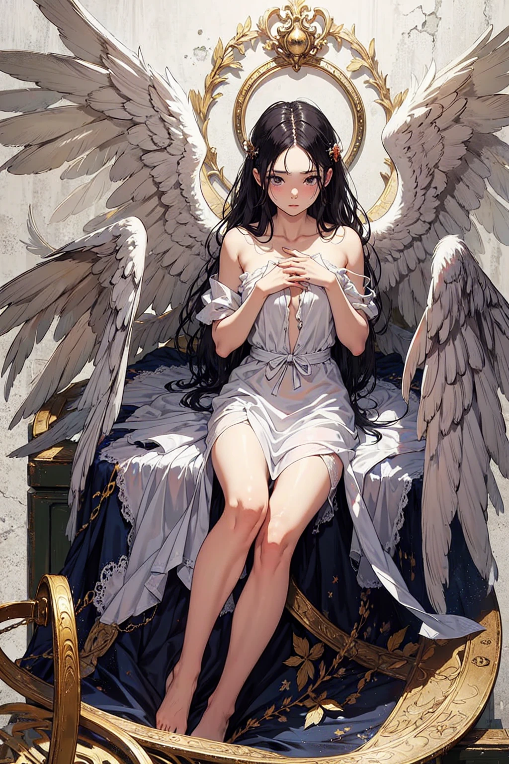 ((Highest quality)),(Ultra-high resolution),(Super detailed),(Detailed Description),((The best CG)),(masterpiece),Highly detailed art,(Art with precise detail:1.5), (Female fallen angel:1.4),(A dull glowing angel halo:1.6),(Blackened angel wings:1.6),(Shabby Angel's Clothes:1.4),(Determined red eyes:1.3), (A legend born in defiance of the gods:1.5), There is nothing to lose:1.4, Fight for love:1.6, Twinkling Constellations:1.6, wander:1.3,