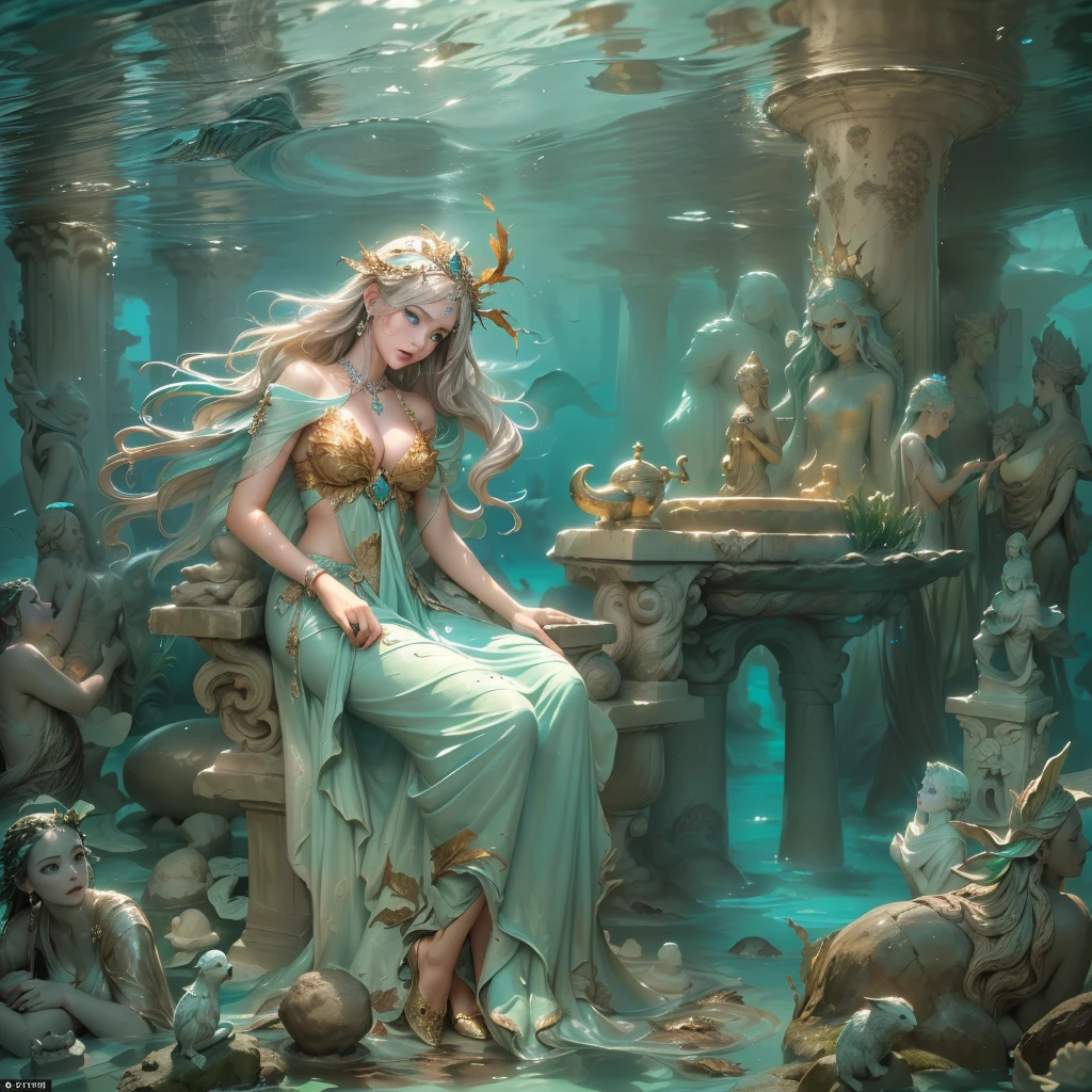 oil painted，the ocean，under the watenciful，magia，mistic，(Ancient city ruins embraced by seaweed)，aquatic planteautiful coral reef，Colorful fish swimming，clear visibility，Ethereal atmosphere，Marble statue of mermaid、Whispering Shell、glowing jellyfish、ancient symbols and words、惊人的美丽和古老的magia，Uncover the mysteries of the underwater world