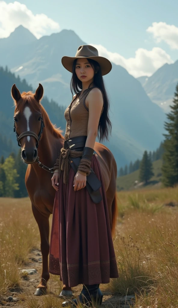 Photorealistic, a carefree, young Korean woman, cubby in a wide-brimmed, full hijab,cowboy hat.she stands in a lush, meadow, one hand on her hip, the other holding the reins of a chestnut horse.she wears horse ridding outfit, leather cowboy boots, capturing a sense of rustic charm and natural beauty. The background features a serene, pastoral scene with a distant, wooded horizon
