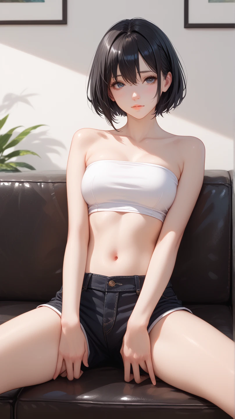 (masterpiece, best quality)),((highres:1.2)), 1 Girl, solo, Blurred Background, ((flat chest)), Thighs, (Groin), gray stripe underwear, (((nipple))), ((pixie cut:1.3)), [[navel]], cheek, Excited pose