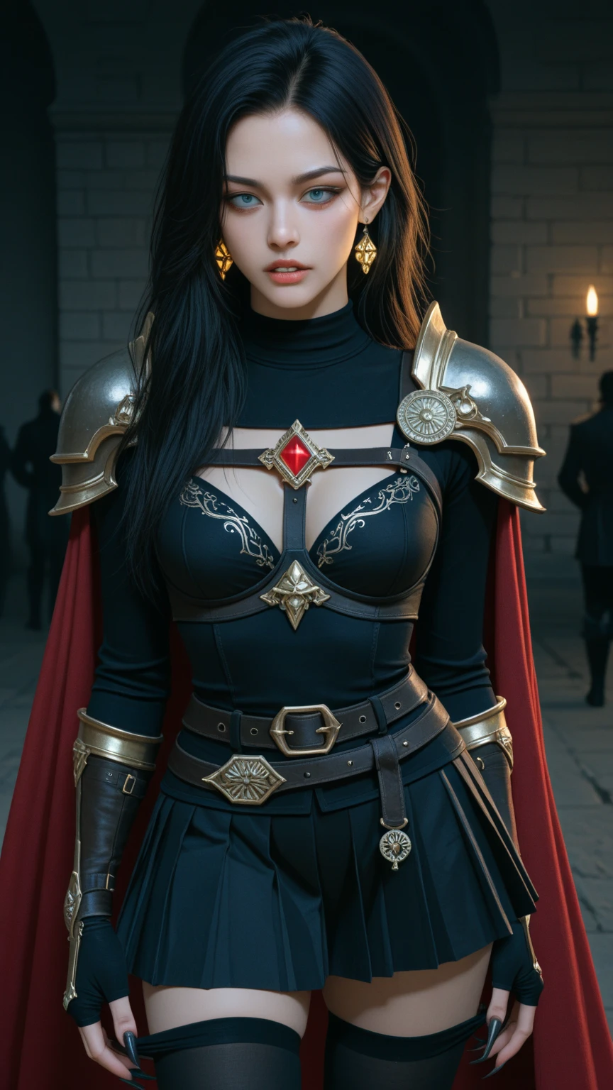 Bayonetta from Bayonetta 3 in Nordic armor with red cape with black-bladed swords in hands