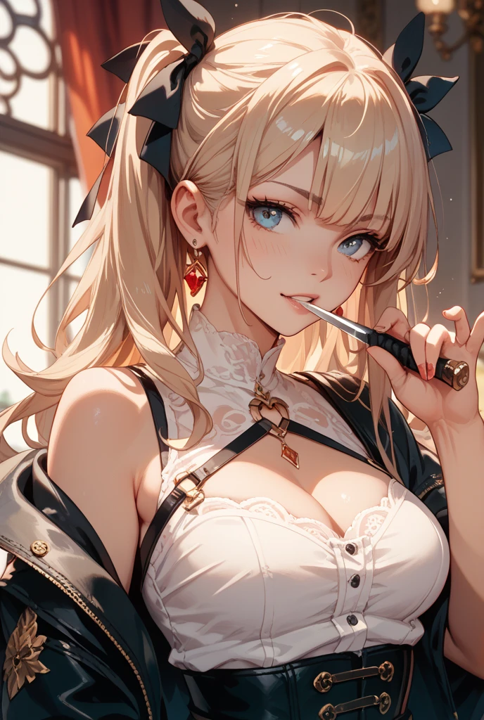 realisitic、top-quality、1girl in,Cat's ears, Twintails with brown hair, maid headband、Saliva、Heart shaped pupils,  orgasm、Gold PVC Bikini ,Lace gloves ,Big breasts、all-fours